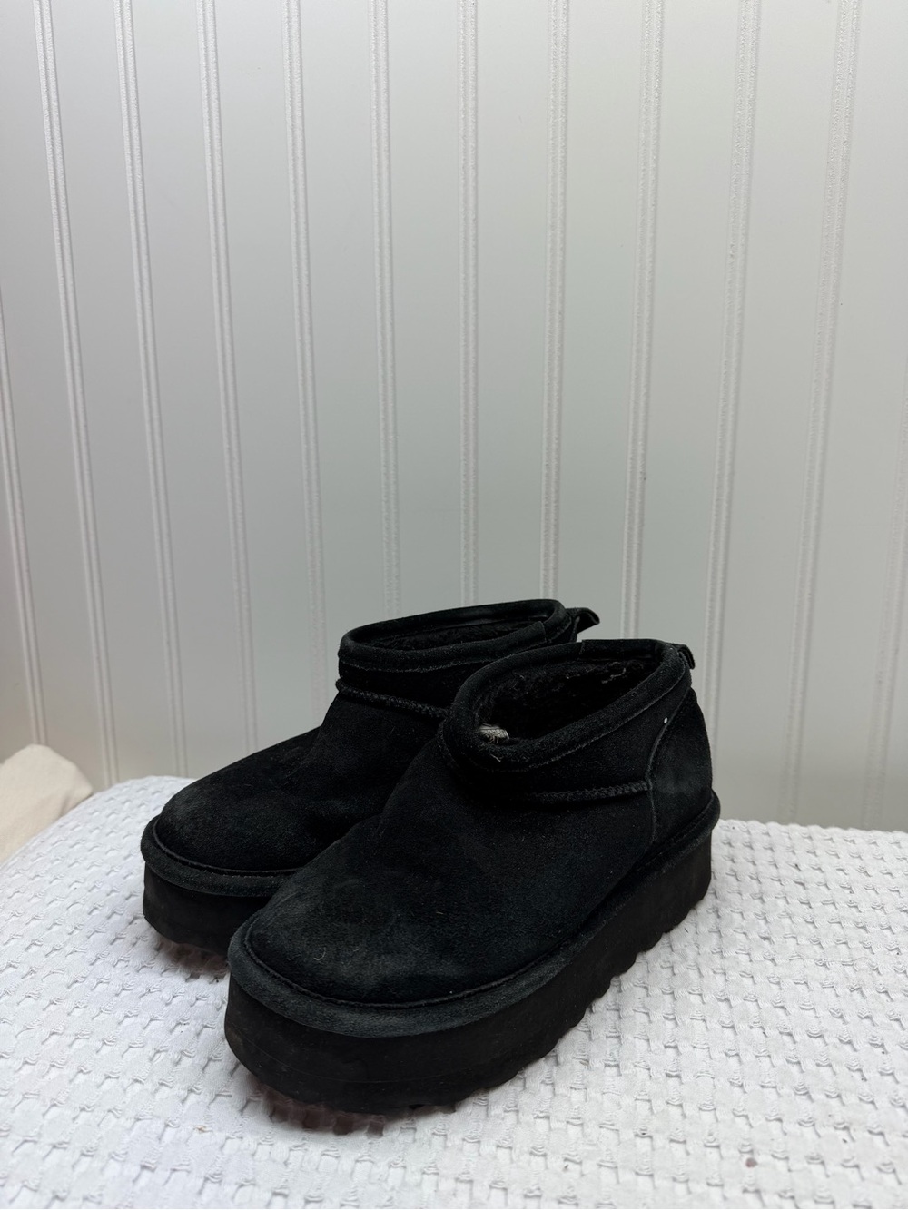 BearPaw Black Suede Slip-On Platform Bootie